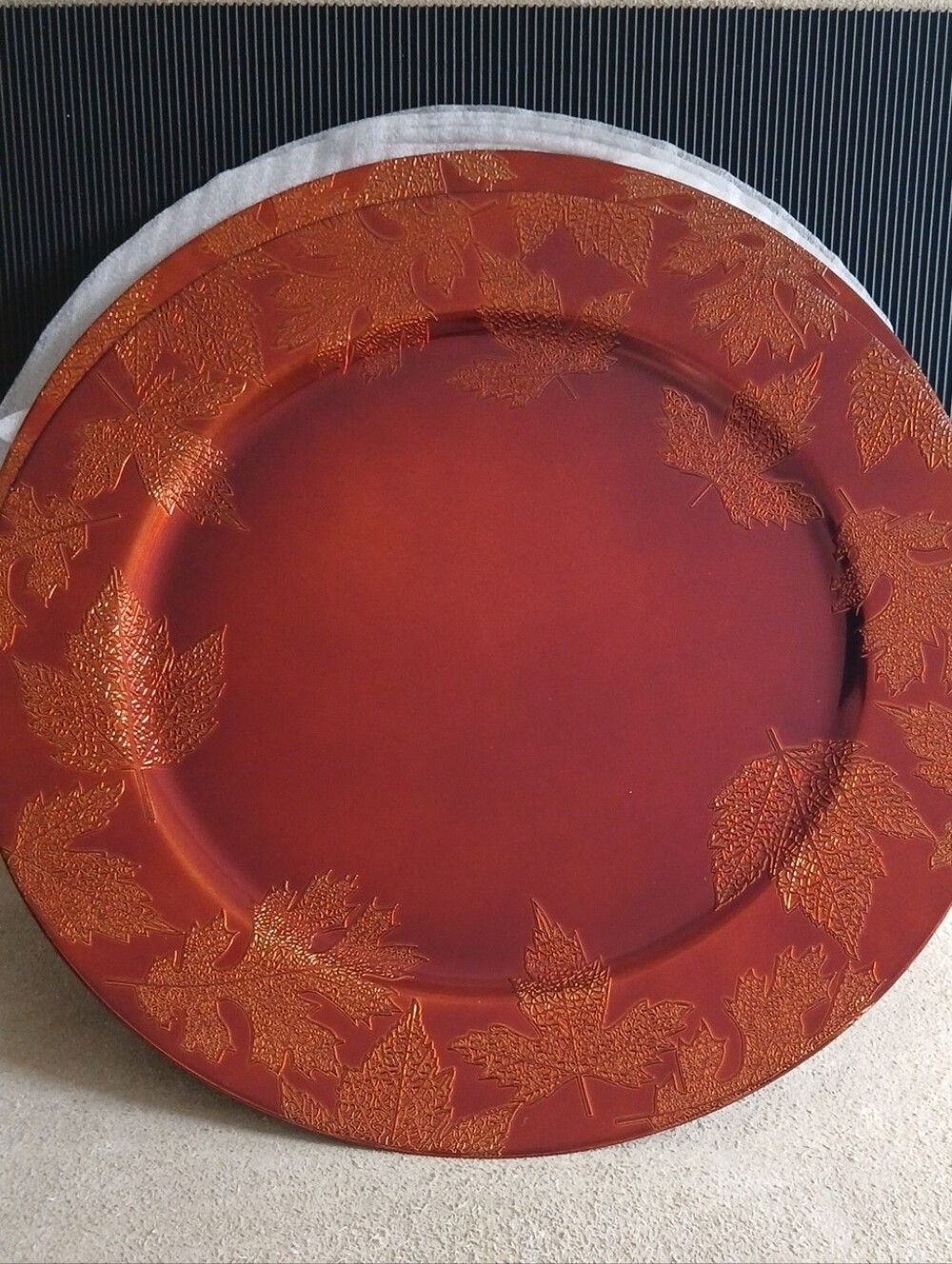 Decorative Orange Rust 13" Engraved Charger LEAF Plates 4 Pcs NEW